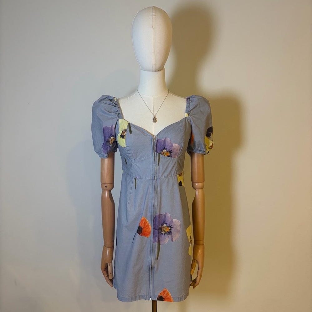 OBEY Floral Puff Sleeve Zip-Front Cotton Mini Dress - XS